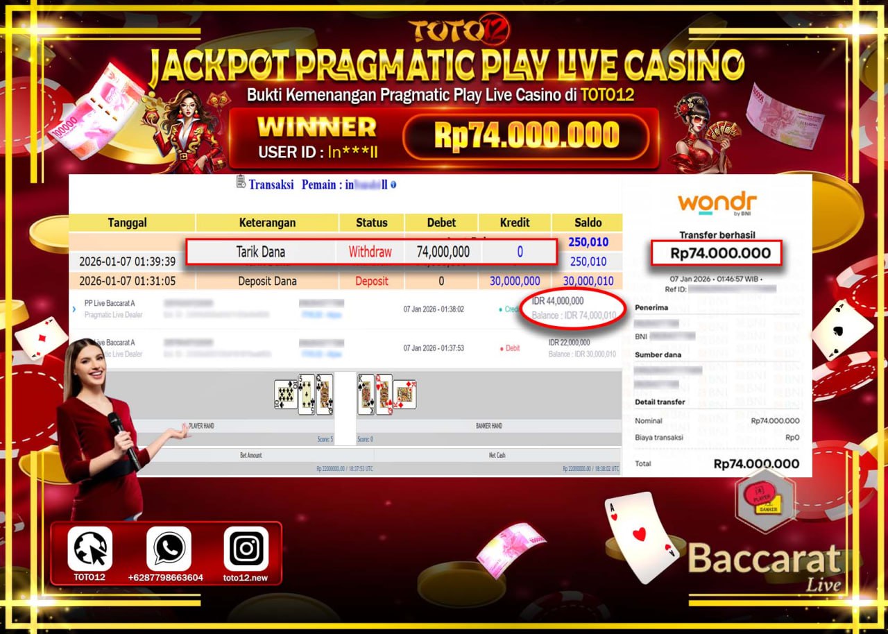HANYA DI TOTO12 JP PASTI DI BAYAR LUNAS DAN CEPAT!!!!!! JACKPOT PRAGMATIC PLAY LIVE CASINO (BACCARAT) Rp.74.000.000 !!!!