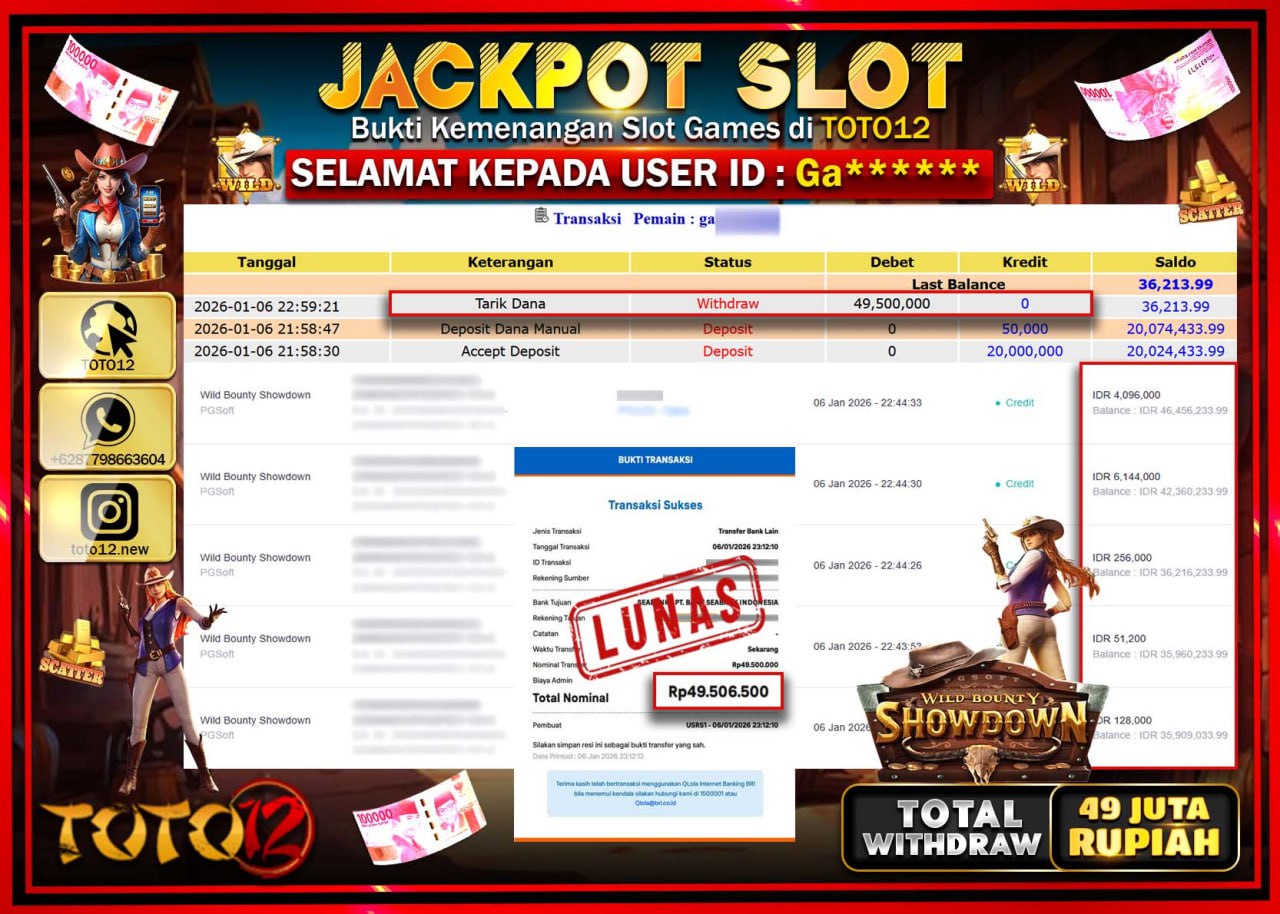 HANYA DI TOTO12 JP PASTI DI BAYAR LUNAS DAN CEPAT!!!!!! JACKPOT SLOT GAME (WILD BOUNTY SHOWDOWN) Rp.49.500.000 !!!!