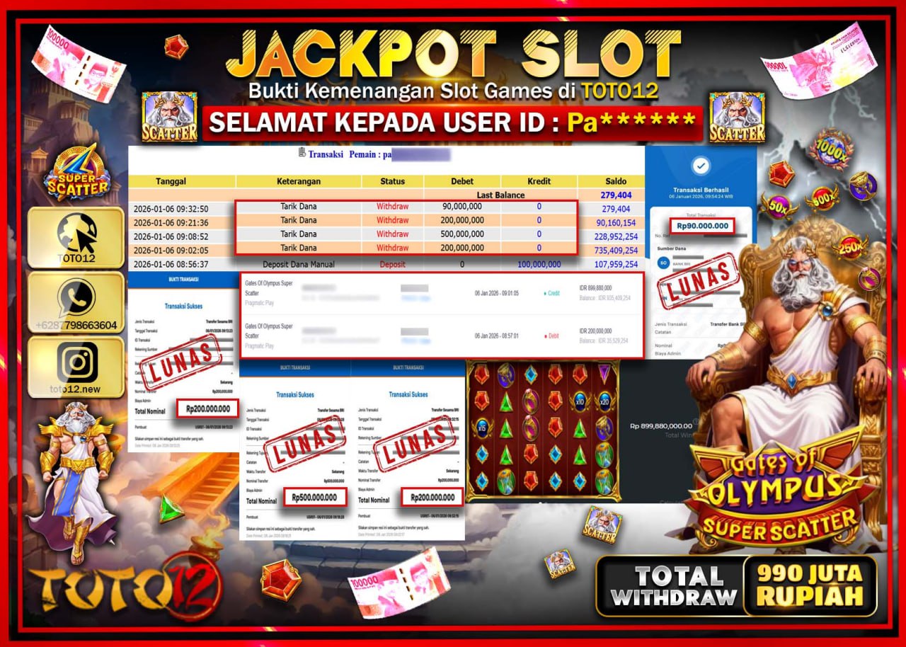 HANYA DI TOTO12 JP PASTI DI BAYAR LUNAS DAN CEPAT!!!!!! JACKPOT SLOT GAME (GATES OF OLYMPUS SUPER SCATTER) Rp.990.000.000 !!!!