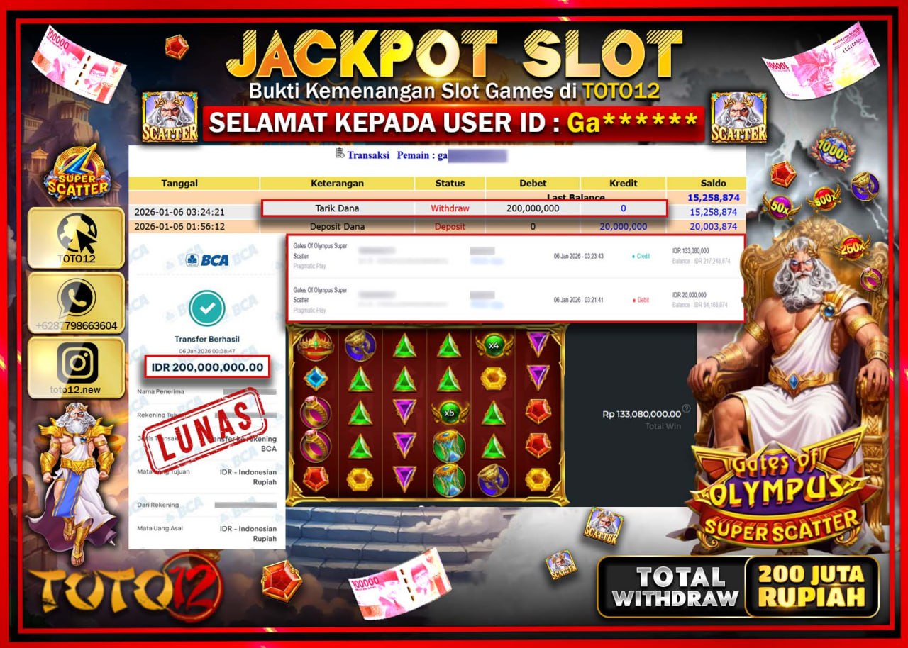 HANYA DI TOTO12 JP PASTI DI BAYAR LUNAS DAN CEPAT!!!!!! JACKPOT SLOT GAME (GATES OF OLYMPUS SUPER SCATTER) Rp.200.000.000 !!!!