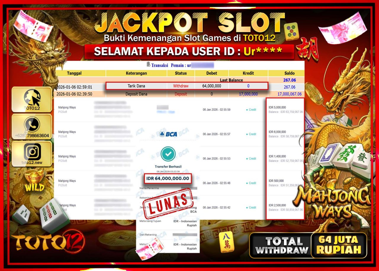 HANYA DI TOTO12 JP PASTI DI BAYAR LUNAS DAN CEPAT!!!!!! JACKPOT SLOT GAME (MAHJONG WAYS) Rp.64.000.000 !!!!