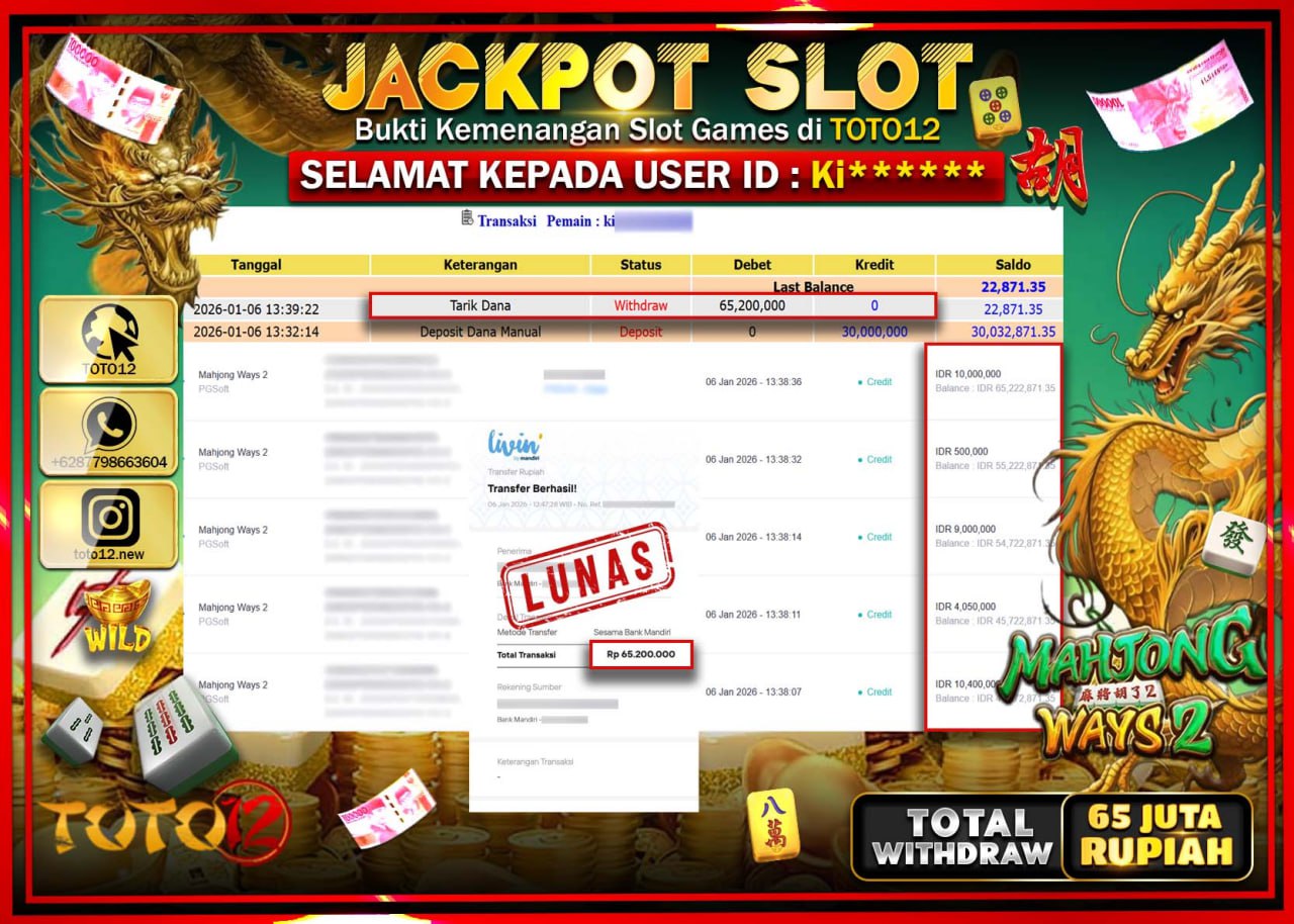 HANYA DI TOTO12 JP PASTI DI BAYAR LUNAS DAN CEPAT!!!!!! JACKPOT SLOT GAME (MAHJONG WAYS 2) Rp.65.200.000 !!!!