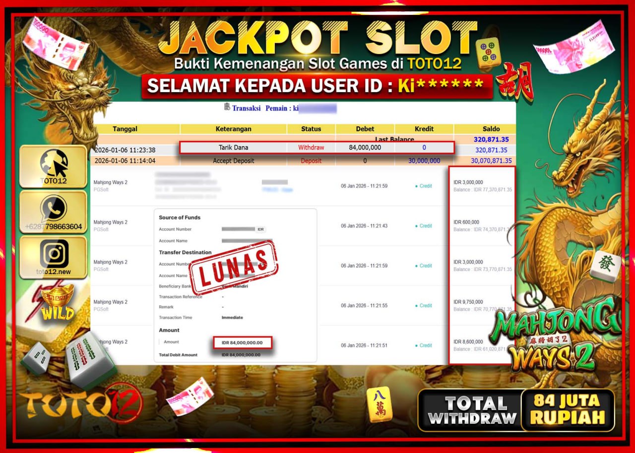 HANYA DI TOTO12 JP PASTI DI BAYAR LUNAS DAN CEPAT!!!!!! JACKPOT SLOT GAME (MAHJONG WAYS 2) Rp.84.000.000 !!!!