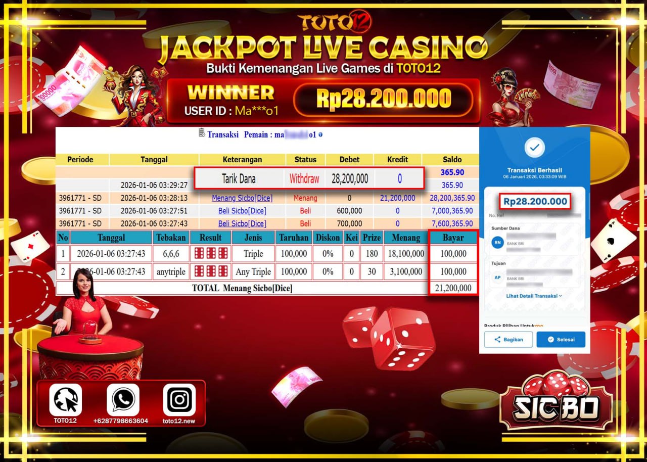 HANYA DI TOTO12 JP PASTI DI BAYAR LUNAS DAN CEPAT!!!!!! JACKPOT LIVE CASINO (SIC BO) Rp.28.200.000 !!!!