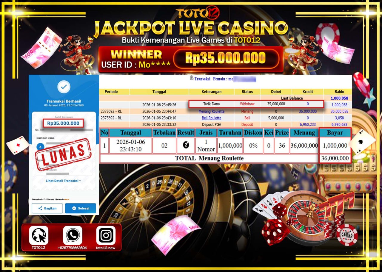 HANYA DI TOTO12 JP PASTI DI BAYAR LUNAS DAN CEPAT!!!!!! JACKPOT LIVE CASINO (ROULETTE) Rp.35.000.000 !!!!