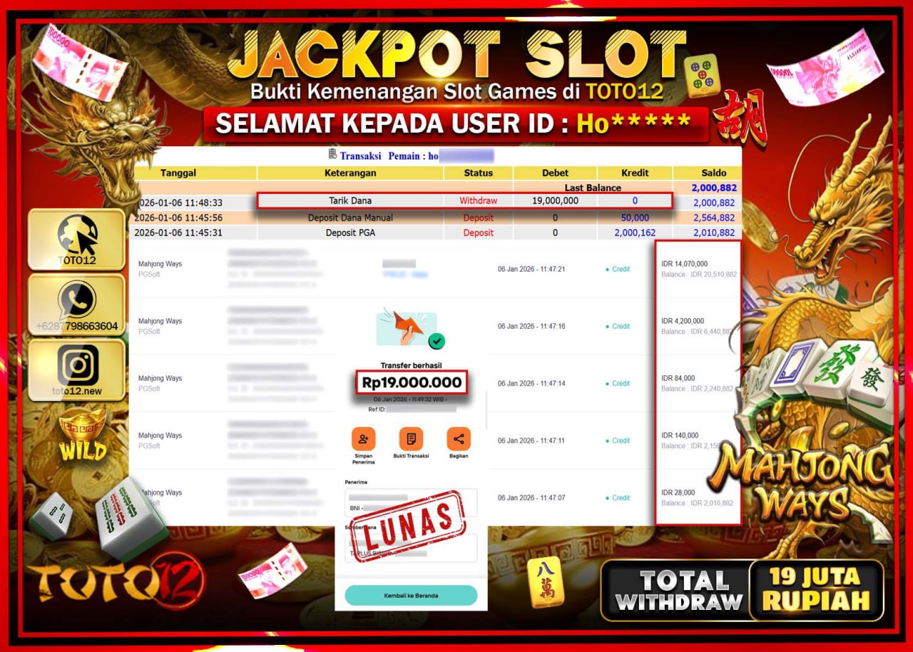 HANYA DI TOTO12 JP PASTI DI BAYAR LUNAS DAN CEPAT!!!!!! JACKPOT SLOT GAME (MAHJONG WAYS) Rp.19.000.000 !!!!