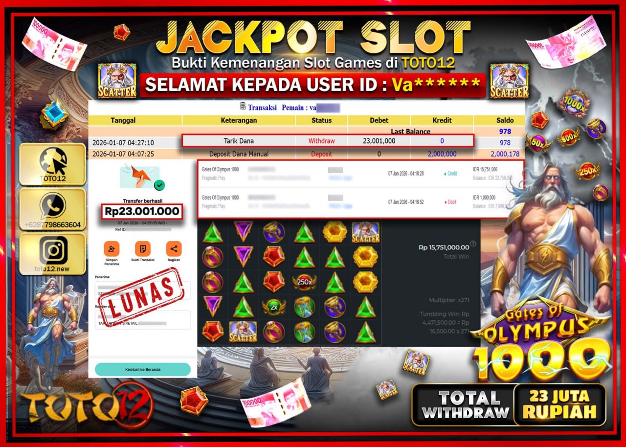 HANYA DI TOTO12 JP PASTI DI BAYAR LUNAS DAN CEPAT!!!!!! JACKPOT SLOT GAME (GATES OF OLYMPUS 1000) Rp.23.001.000 !!!!
