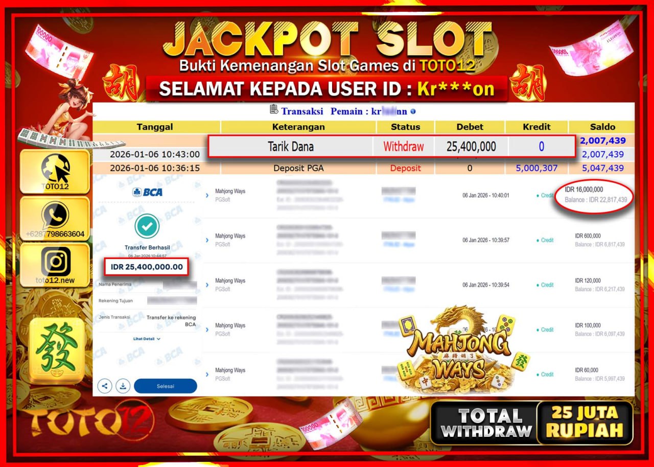HANYA DI TOTO12 JP PASTI DI BAYAR LUNAS DAN CEPAT!!!!!! JACKPOT SLOT GAME (MAHJONG WAYS) Rp.25.400.000 !!!!