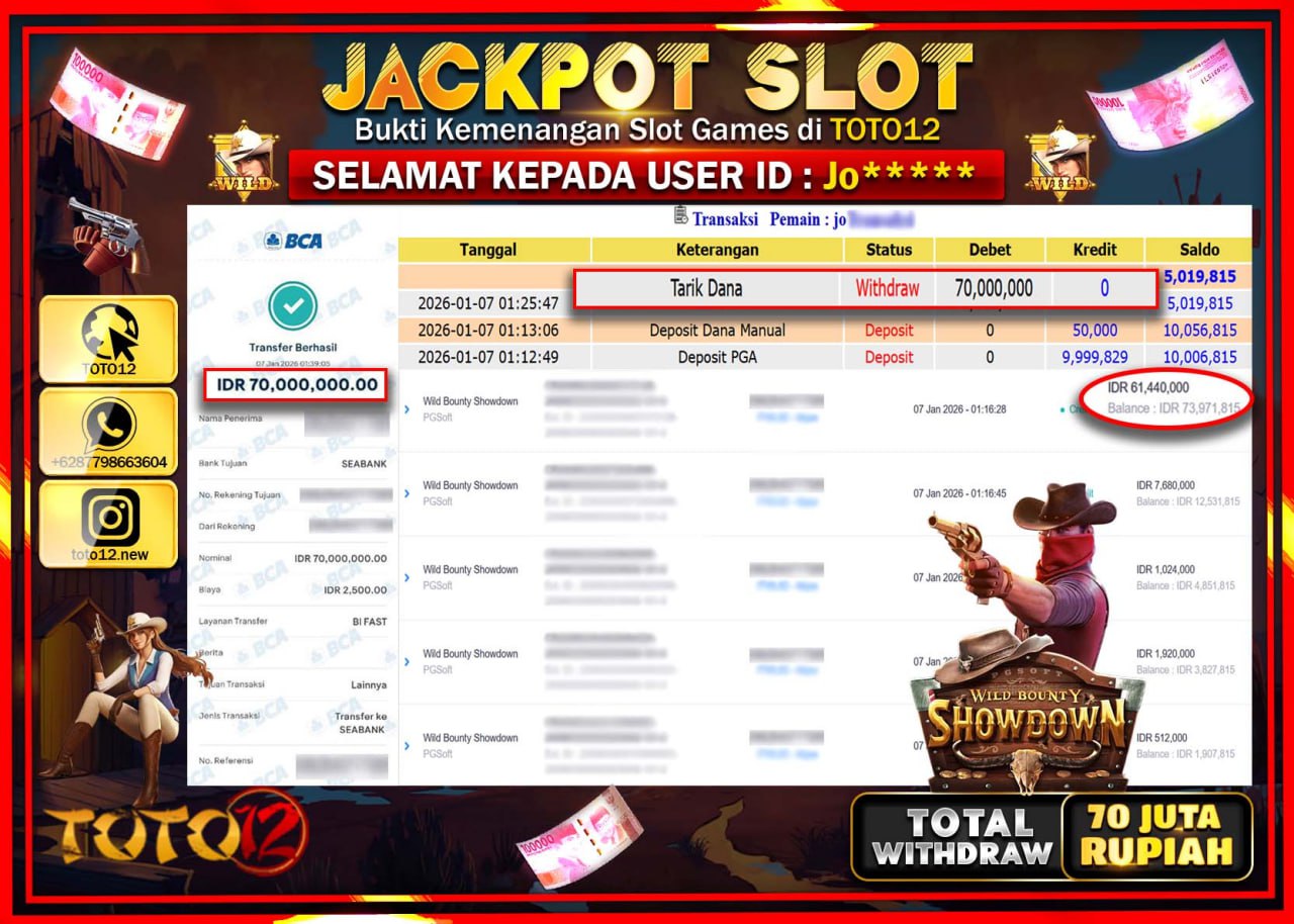 HANYA DI TOTO12 JP PASTI DI BAYAR LUNAS DAN CEPAT!!!!!! JACKPOT SLOT GAME (WILD BOUNTY SHOWDOWN) Rp.70.000.000 !!!!