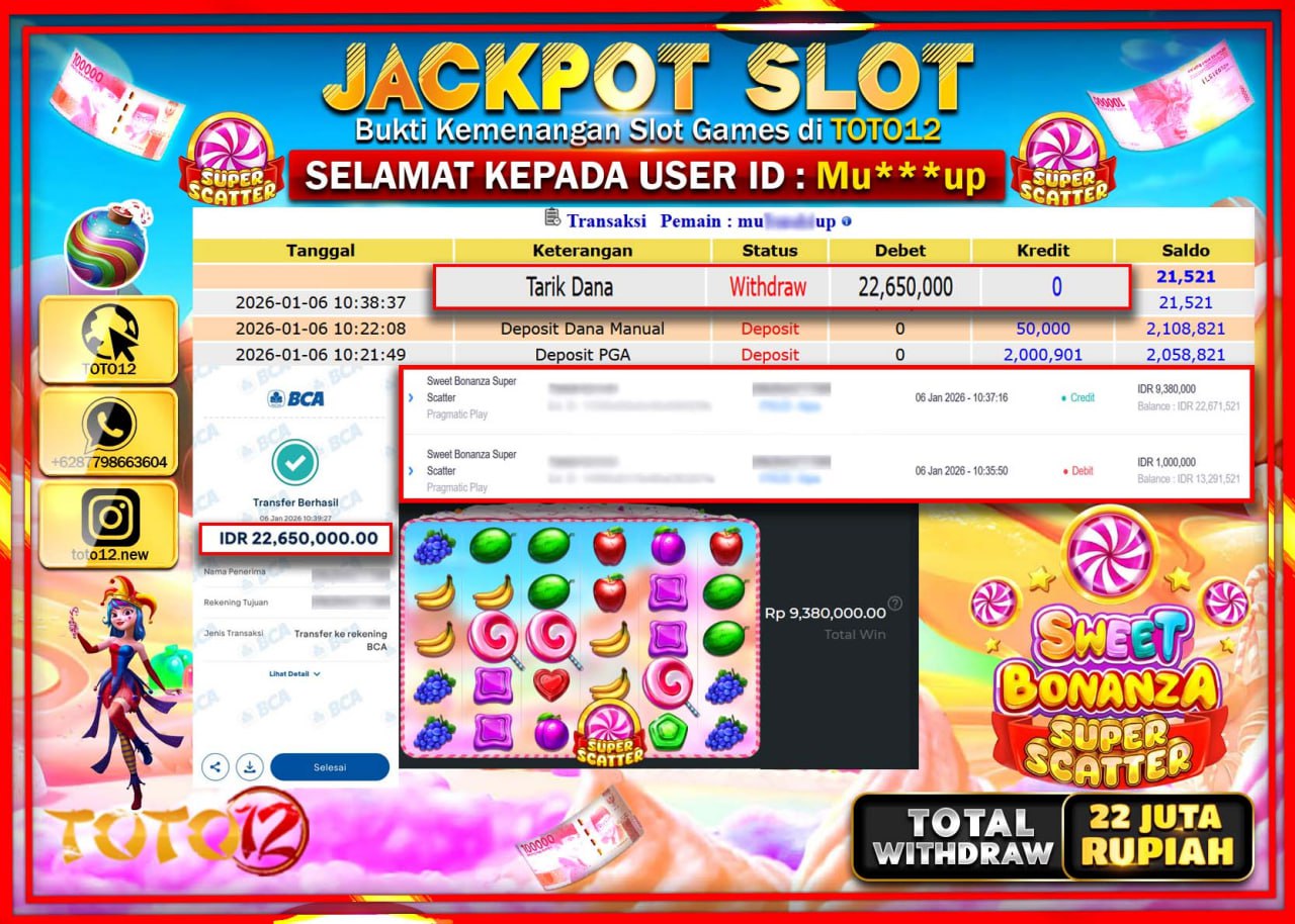 HANYA DI TOTO12 JP PASTI DI BAYAR LUNAS DAN CEPAT!!!!!! JACKPOT SLOT GAME (SWEET BONANZA SUPER SCATTER) Rp.22.650.000 !!!!