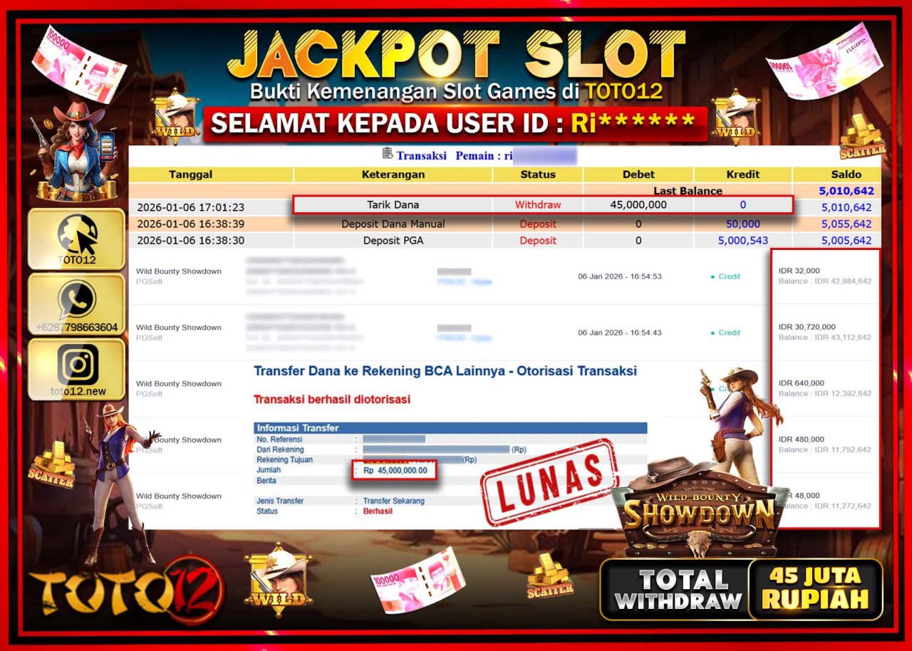 HANYA DI TOTO12 JP PASTI DI BAYAR LUNAS DAN CEPAT!!!!!! JACKPOT SLOT GAME (WILD BOUNTY SHOWDOWN) Rp.45.000.000 !!!!