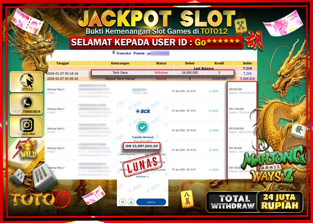HANYA DI TOTO12 JP PASTI DI BAYAR LUNAS DAN CEPAT!!!!!! JACKPOT SLOT GAME (MAHJONG WAYS 2) Rp.24.000.000 !!!!