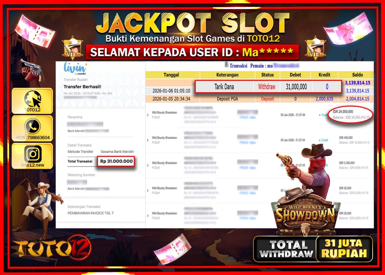 HANYA DI TOTO12 JP PASTI DI BAYAR LUNAS DAN CEPAT!!!!!! JACKPOT SLOT GAME (WILD BOUNTY SHOWDOWN) Rp.31.000.000 !!!!