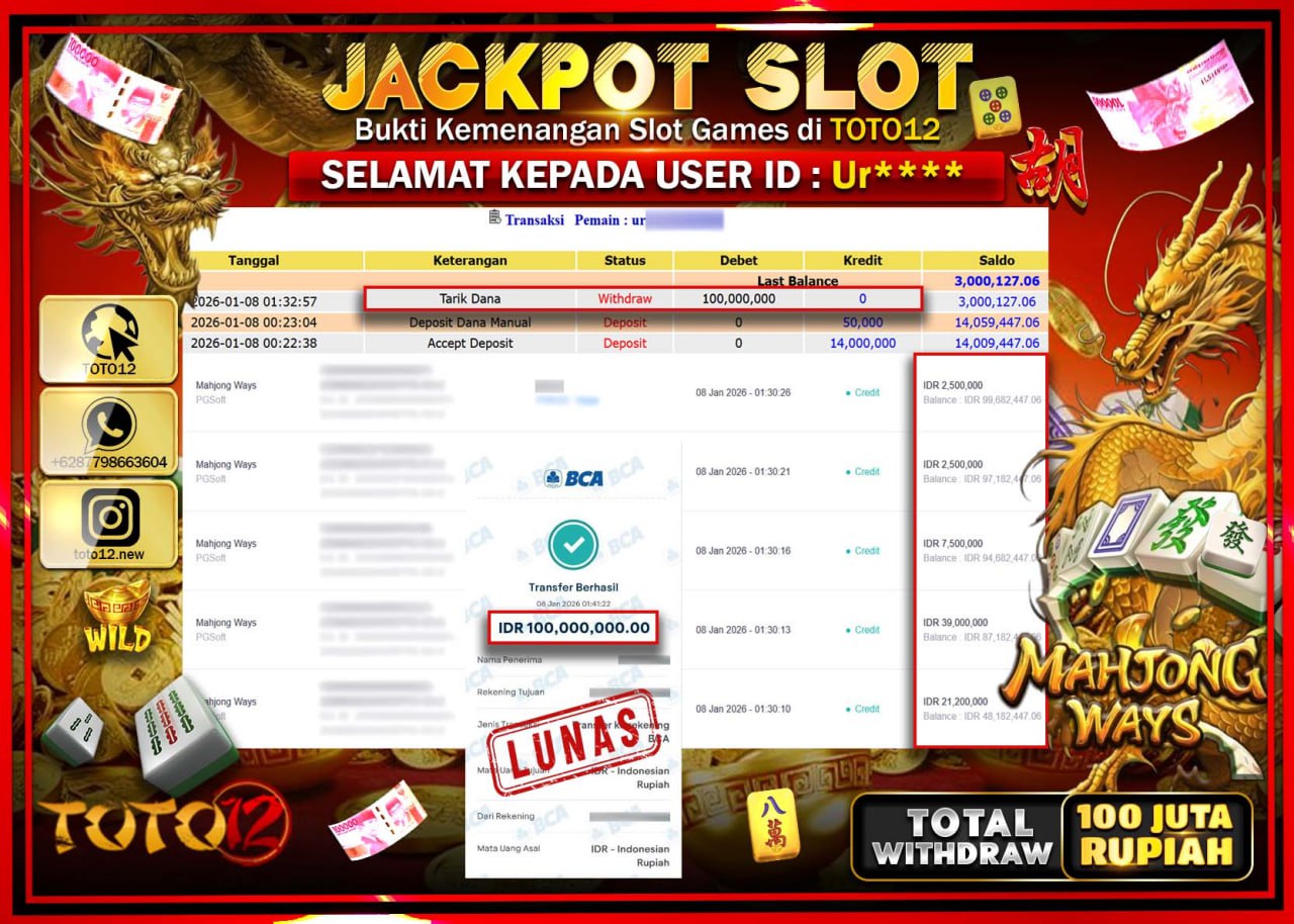 HANYA DI TOTO12 JP PASTI DI BAYAR LUNAS DAN CEPAT!!!!!! JACKPOT SLOT GAME (MAHJONG WAYS) Rp.100.000.000 !!!!