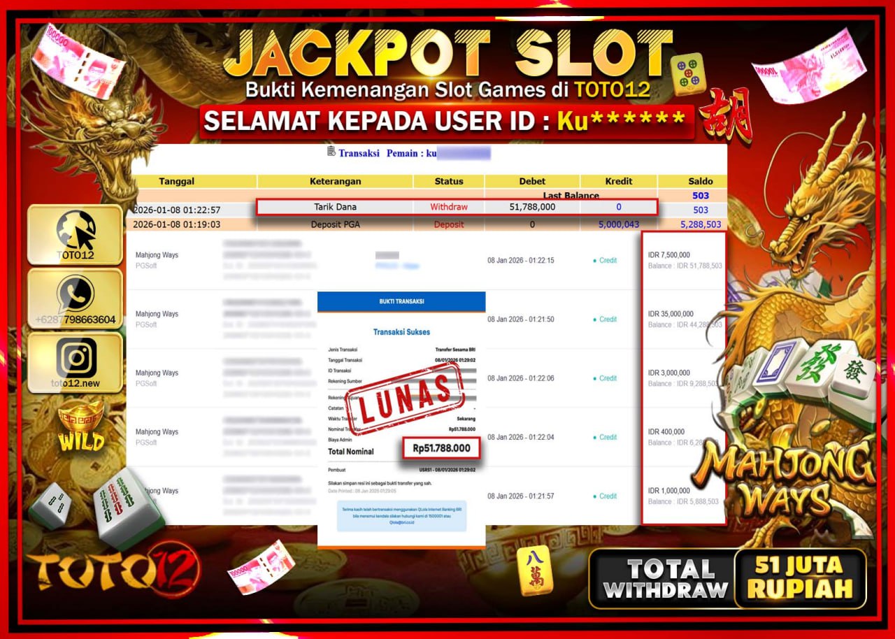 HANYA DI TOTO12 JP PASTI DI BAYAR LUNAS DAN CEPAT!!!!!! JACKPOT SLOT GAME (MAHJONG WAYS) Rp.51.788.000 !!!!