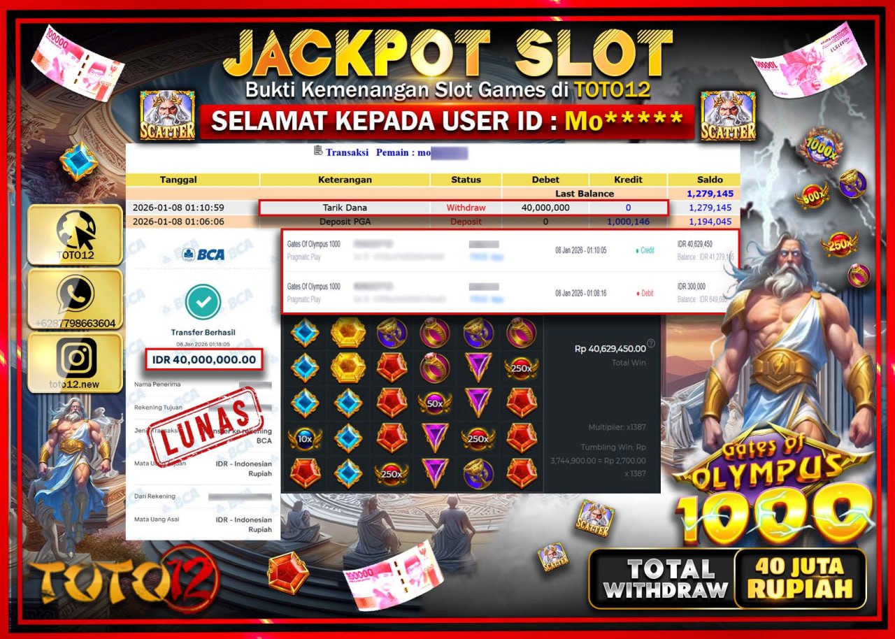 HANYA DI TOTO12 JP PASTI DI BAYAR LUNAS DAN CEPAT!!!!!! JACKPOT SLOT GAME (GATES OF OLYMPUS) Rp.40.000.000 !!!!