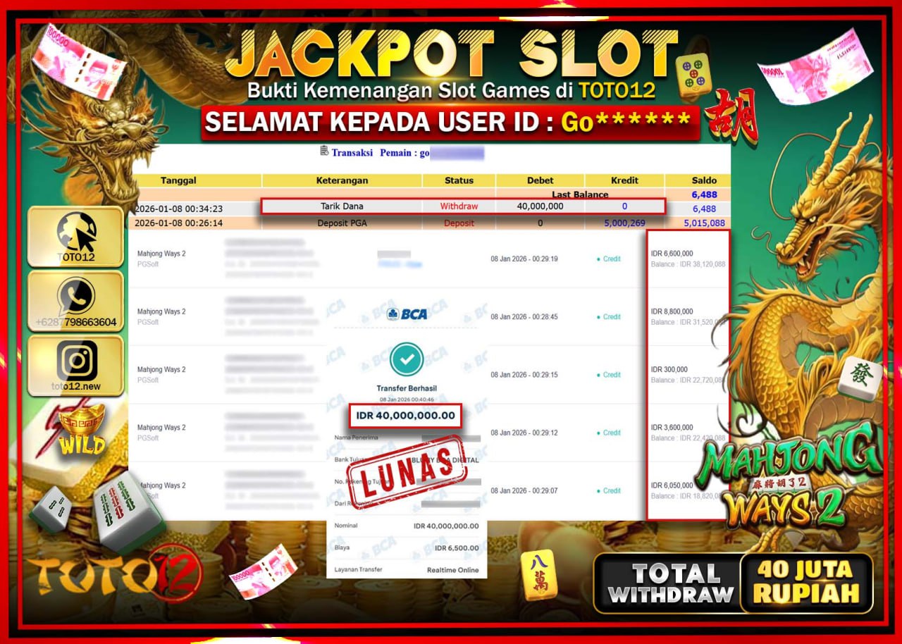 HANYA DI TOTO12 JP PASTI DI BAYAR LUNAS DAN CEPAT!!!!!! JACKPOT SLOT GAME (MAHJONG WAYS 2) Rp.40.000.000 !!!!