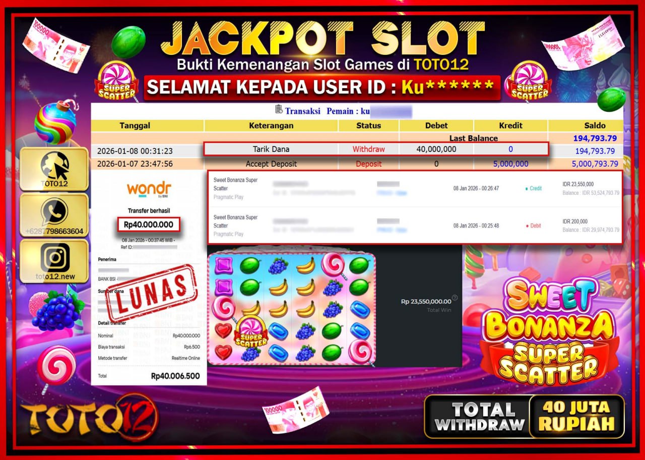 HANYA DI TOTO12 JP PASTI DI BAYAR LUNAS DAN CEPAT!!!!!! JACKPOT SLOT GAME (SWEET BONANZA SUPER SCATTER) Rp.40.000.000 !!!!