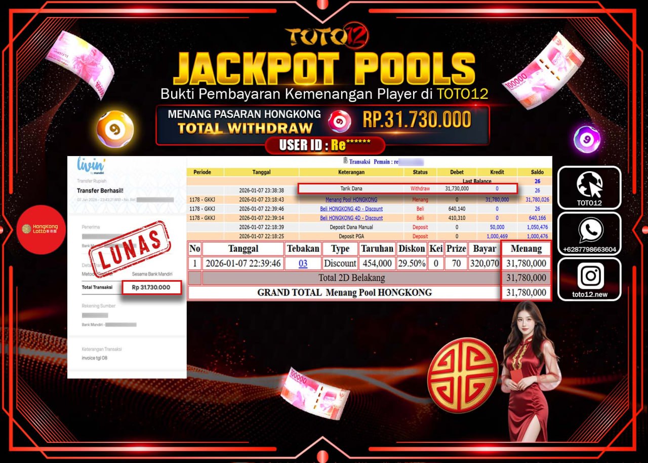 HANYA DI TOTO12 JP PASTI DI BAYAR LUNAS DAN CEPAT!!!!!! JACKPOT POOLS PASARAN (HONGKONG) Rp.31.730.000 !!!!