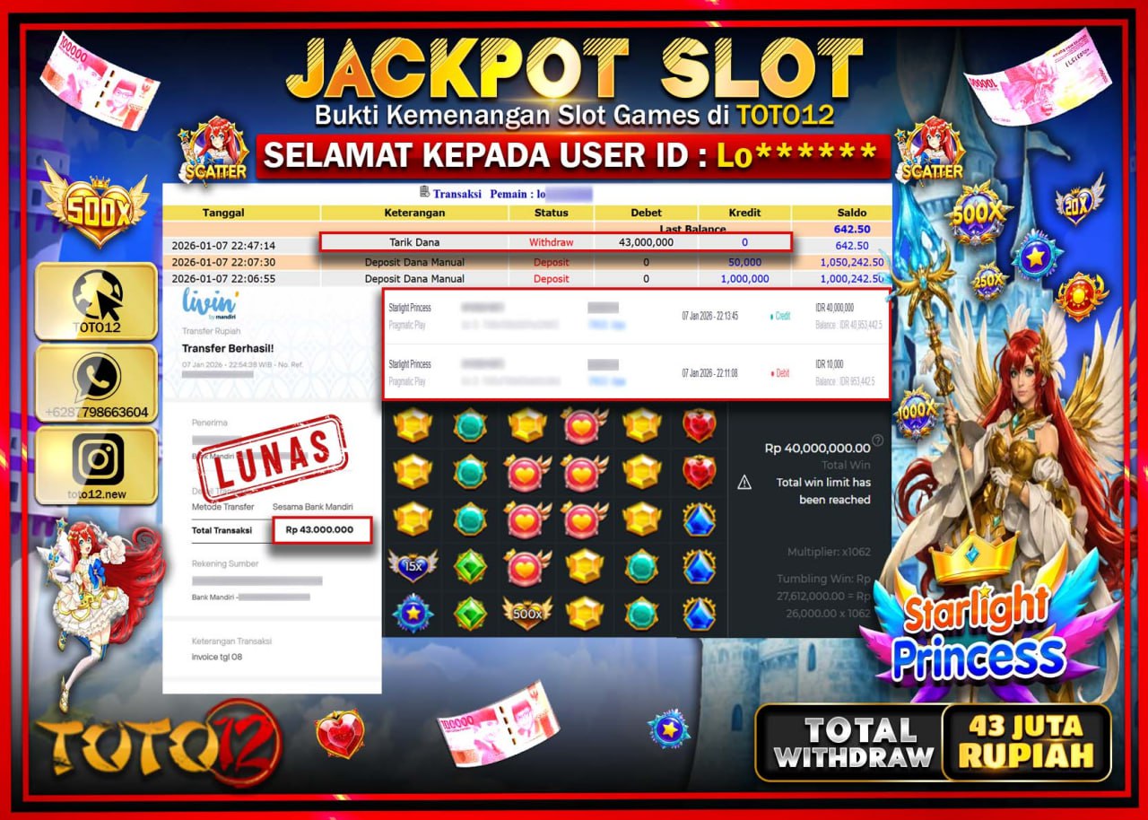 HANYA DI TOTO12 JP PASTI DI BAYAR LUNAS DAN CEPAT!!!!!! JACKPOT SLOT GAME (STARLIGHT PRINCESS) Rp.43.000.000 !!!!