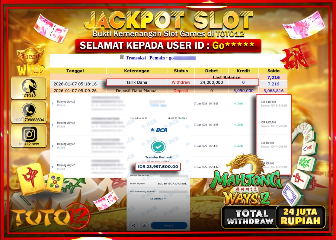 HANYA DI TOTO12 JP PASTI DI BAYAR LUNAS DAN CEPAT!!!!!! JACKPOT SLOT GAME (MAHJONG WAYS 2) Rp.24.000.000 !!!!