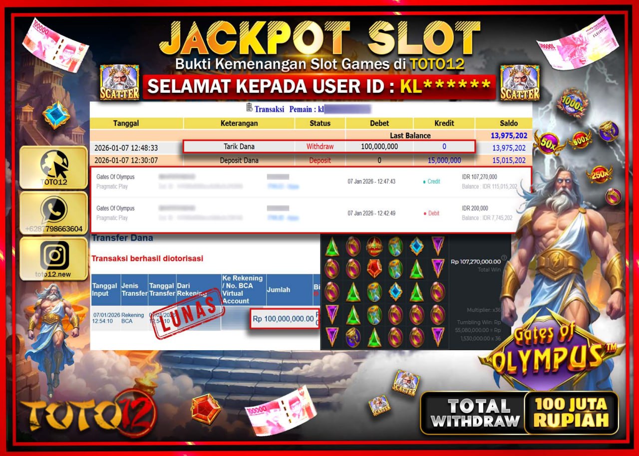 HANYA DI TOTO12 JP PASTI DI BAYAR LUNAS DAN CEPAT!!!!!! JACKPOT SLOT GAME (GATES OF OLYMPUS) Rp.100.000.000 !!!!