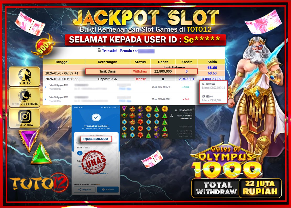 HANYA DI TOTO12 JP PASTI DI BAYAR LUNAS DAN CEPAT!!!!!! JACKPOT SLOT GAME (GATES OF OLYMPUS 1000) Rp.22.800.000 !!!!