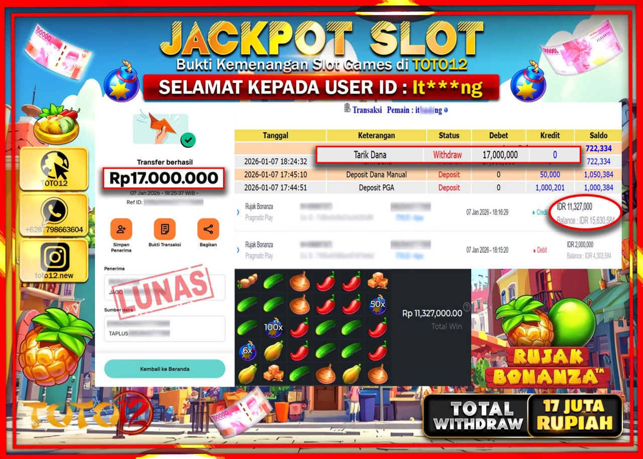 HANYA DI TOTO12 JP PASTI DI BAYAR LUNAS DAN CEPAT!!!!!! JACKPOT SLOT GAME (RUJAK BONANZA) Rp.17.000.000 !!!!