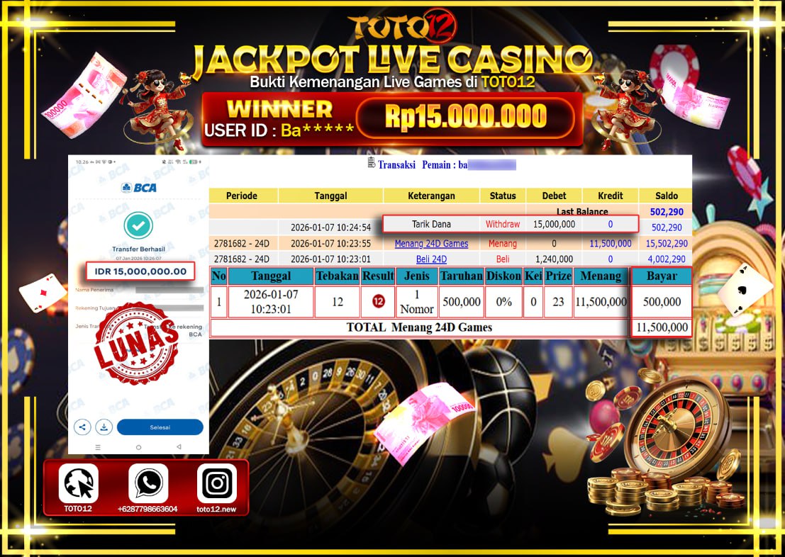 HANYA DI TOTO12 JP PASTI DI BAYAR LUNAS DAN CEPAT!!!!!! JACKPOT LIVE CASINO (24D GAMES) Rp.15.000.000 !!!!