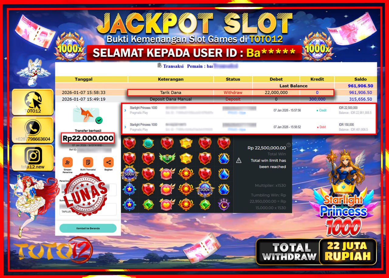 HANYA DI TOTO12 JP PASTI DI BAYAR LUNAS DAN CEPAT!!!!!! JACKPOT SLOT GAME (STARLIGHT PRINCESS 1000) Rp.22.000.000 !!!!