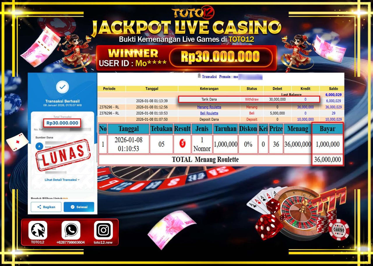 HANYA DI TOTO12 JP PASTI DI BAYAR LUNAS DAN CEPAT!!!!!! JACKPOT LIVE CASINO (ROULETTE) Rp.30.000.000 !!!!