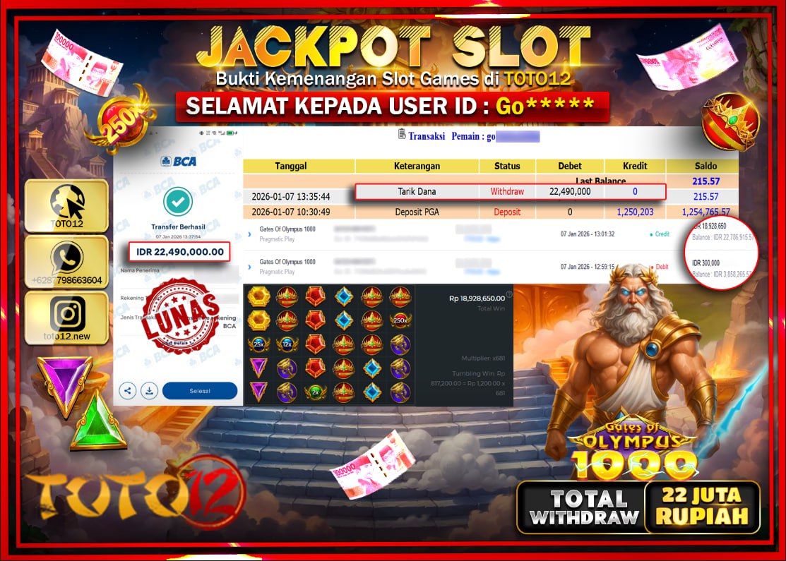 HANYA DI TOTO12 JP PASTI DI BAYAR LUNAS DAN CEPAT!!!!!! JACKPOT SLOT GAME (GATES OF OLYMPUS 1000) Rp.22.490.000 !!!!