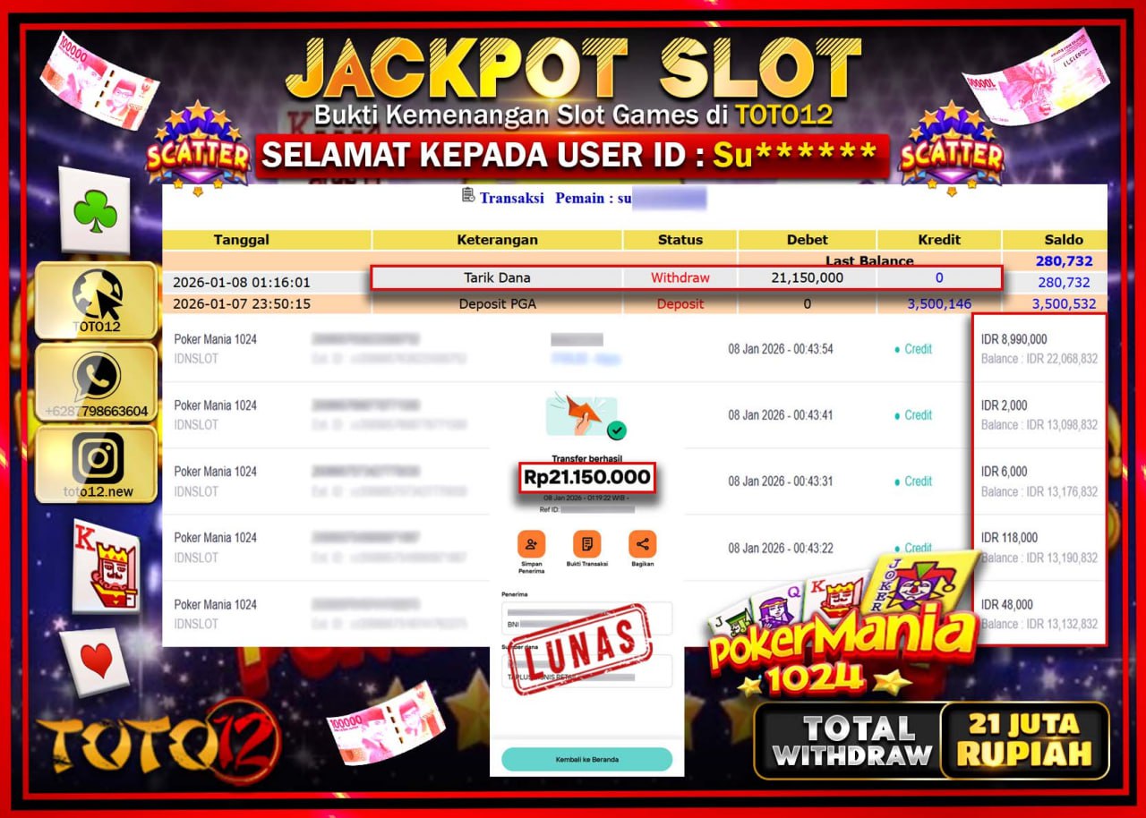 HANYA DI TOTO12 JP PASTI DI BAYAR LUNAS DAN CEPAT!!!!!! JACKPOT SLOT GAME (POKER MANIA 1024) Rp.21.150.000 !!!!