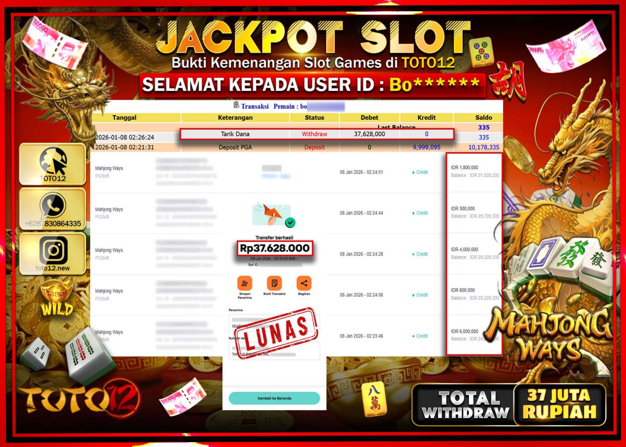 HANYA DI TOTO12 JP PASTI DI BAYAR LUNAS DAN CEPAT!!!!!! JACKPOT SLOT GAME (MAHJONG WAYS) Rp.37.628.000 !!!!
