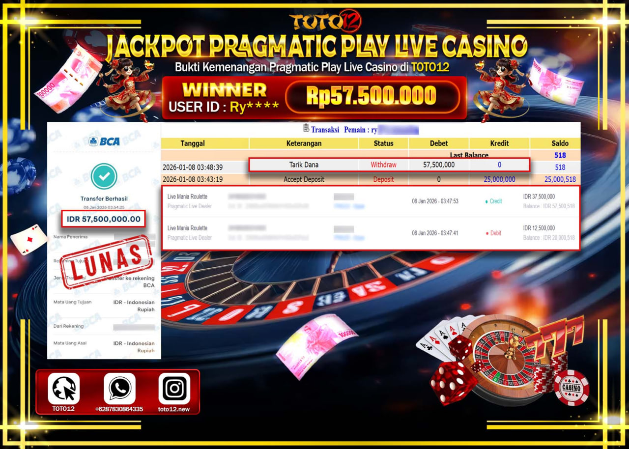 HANYA DI TOTO12 JP PASTI DI BAYAR LUNAS DAN CEPAT!!!!!! JACKPOT PRAGMATIC PLAY LIVE CASINO (MANIA ROULETTE) Rp.57.500.000 !!!!