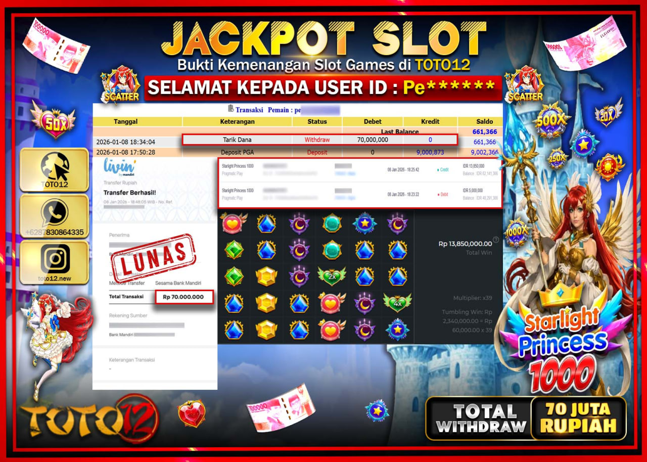 HANYA DI TOTO12 JP PASTI DI BAYAR LUNAS DAN CEPAT!!!!!! JACKPOT SLOT GAME (STARLIGHT PRINCESS 1000) Rp.70.000.000 !!!!