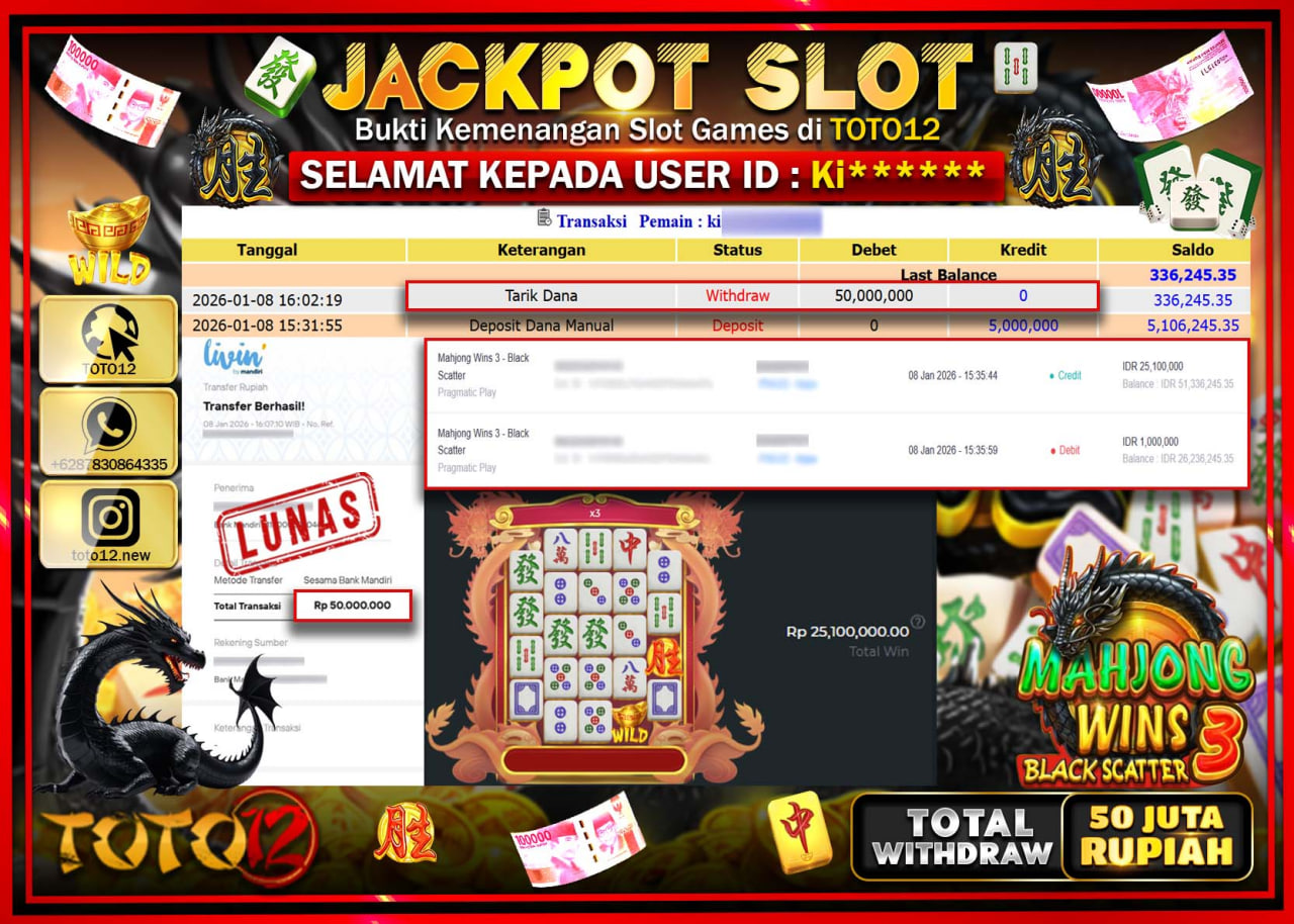 HANYA DI TOTO12 JP PASTI DI BAYAR LUNAS DAN CEPAT!!!!!! JACKPOT SLOT GAME (MAHJONG WINS 3 BLACK SCATTER) Rp.50.000.000 !!!!
