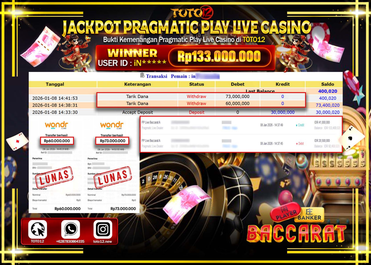 HANYA DI TOTO12 JP PASTI DI BAYAR LUNAS DAN CEPAT!!!!!! JACKPOT PRAGMATIC PLAY LIVE CASINO (BACCARAT A) Rp.133.000.000 !!!!