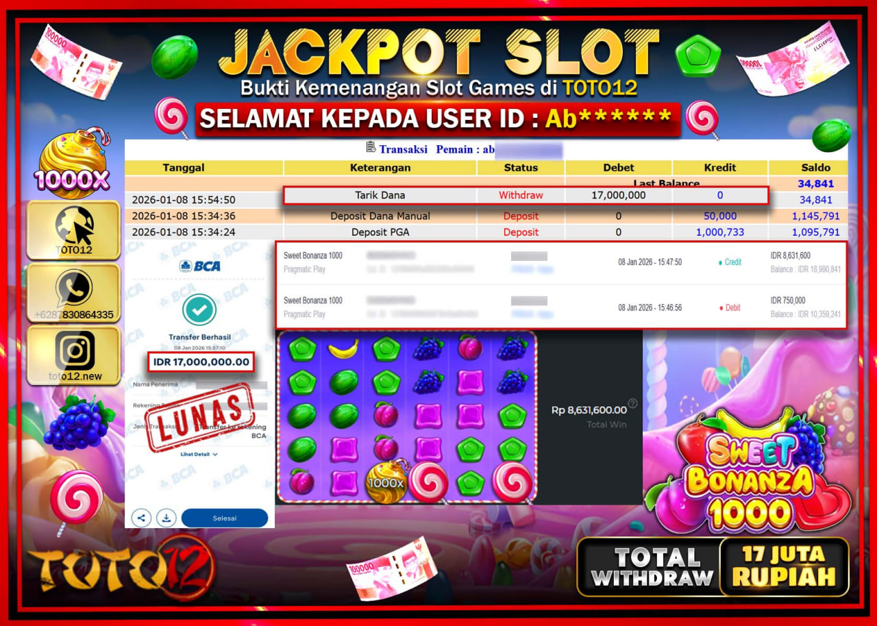 HANYA DI TOTO12 JP PASTI DI BAYAR LUNAS DAN CEPAT!!!!!! JACKPOT SLOT GAME (SWEET BONANZA 1000) Rp.17.000.000 !!!!