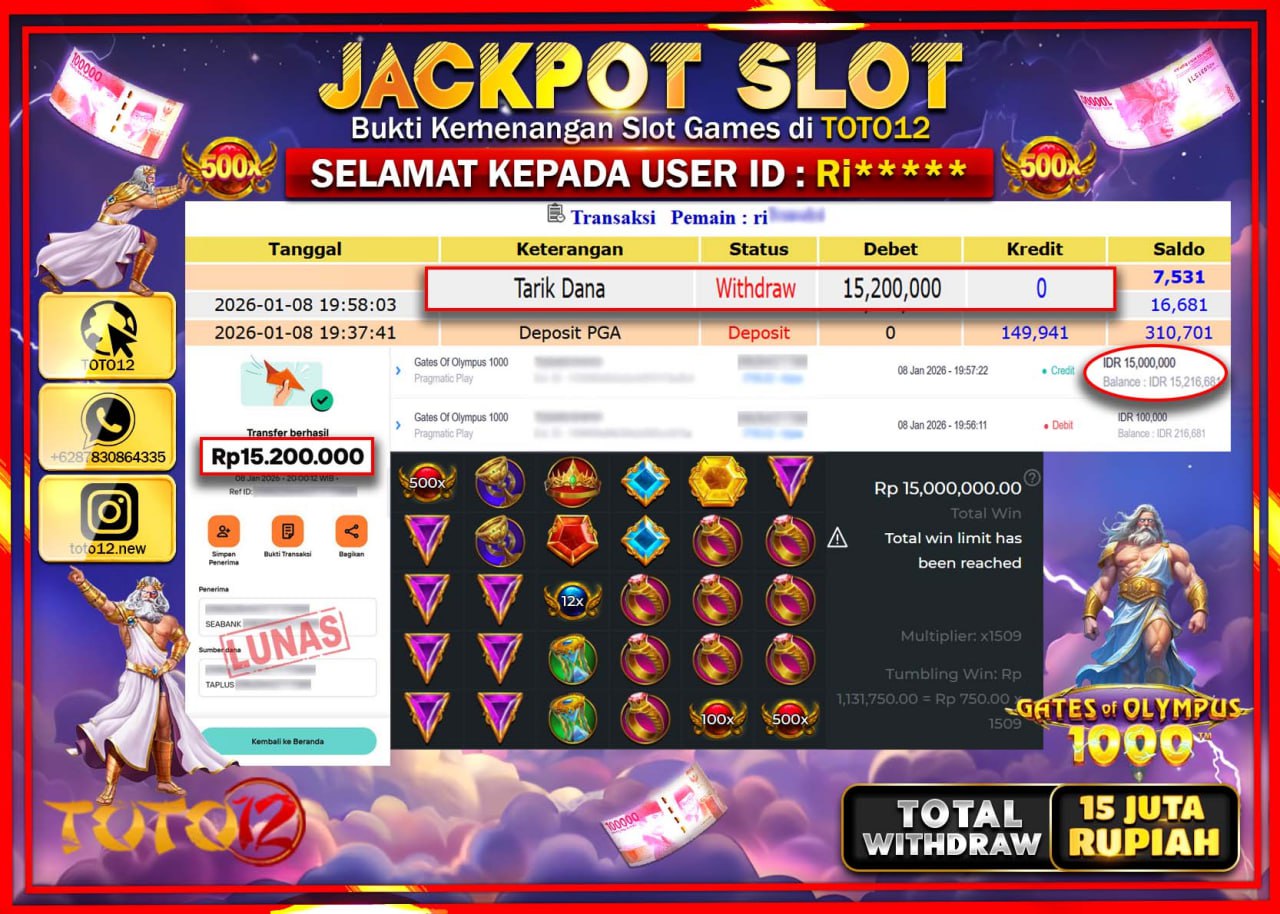 HANYA DI TOTO12 JP PASTI DI BAYAR LUNAS DAN CEPAT!!!!!! JACKPOT SLOT GAME (GATES OF OLYMPUS 1000) Rp.15.200.000 !!!!