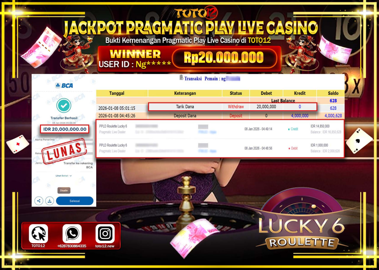 HANYA DI TOTO12 JP PASTI DI BAYAR LUNAS DAN CEPAT!!!!!! JACKPOT PRAGMATIC PLAY LIVE CASINO (ROULETTE LUCKY 6) Rp.20.000.000 !!!!