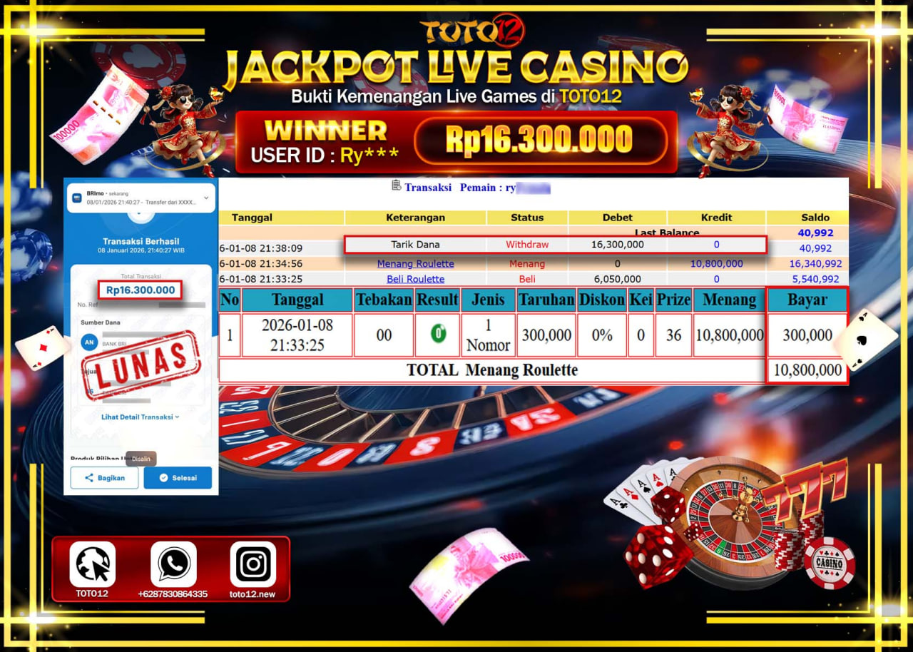 HANYA DI TOTO12 JP PASTI DI BAYAR LUNAS DAN CEPAT!!!!!! JACKPOT LIVE GAMES CASINO (ROULETTE) Rp.16.300.000 !!!!