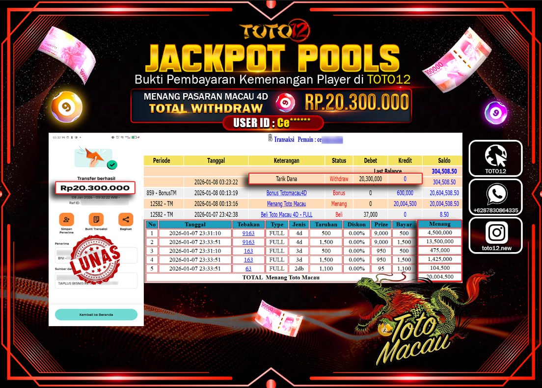 HANYA DI TOTO12 JP PASTI DI BAYAR LUNAS DAN CEPAT!!!!!! JACKPOT POOLS PASARAN (MACAU4D) Rp.20.300.000 !!!!