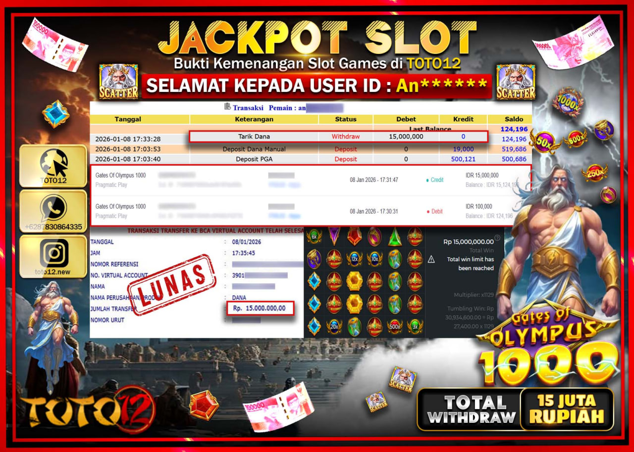 HANYA DI TOTO12 JP PASTI DI BAYAR LUNAS DAN CEPAT!!!!!! JACKPOT SLOT GAME (GATES OF OLYMPUS 1000) Rp.15.000.000 !!!!