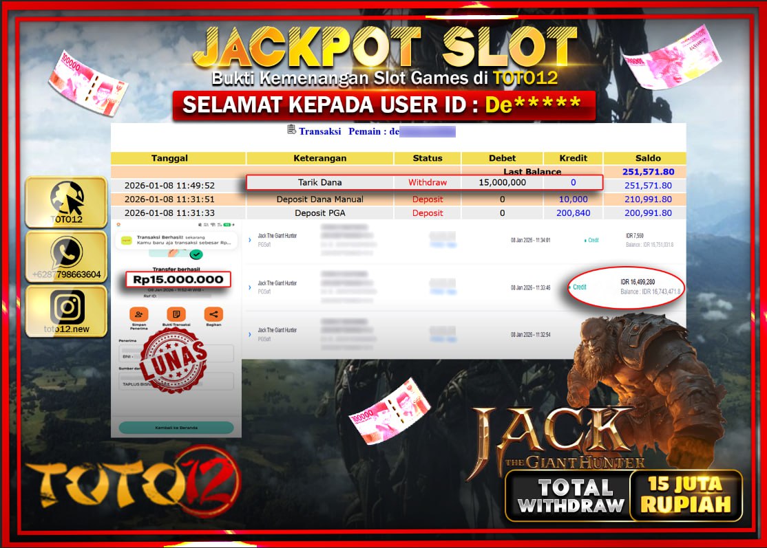 HANYA DI TOTO12 JP PASTI DI BAYAR LUNAS DAN CEPAT!!!!!! JACKPOT SLOT GAME (JACK THE GIANT HUNTER) Rp.15.000.000 !!!!