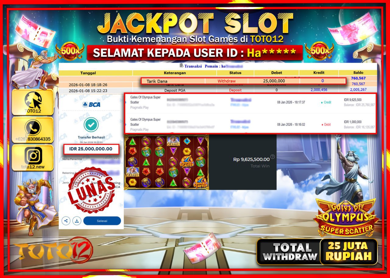 HANYA DI TOTO12 JP PASTI DI BAYAR LUNAS DAN CEPAT!!!!!! JACKPOT SLOT GAME (GATES OF OLYMPUS SUPER SCATTER) Rp.25.000.000 !!!!
