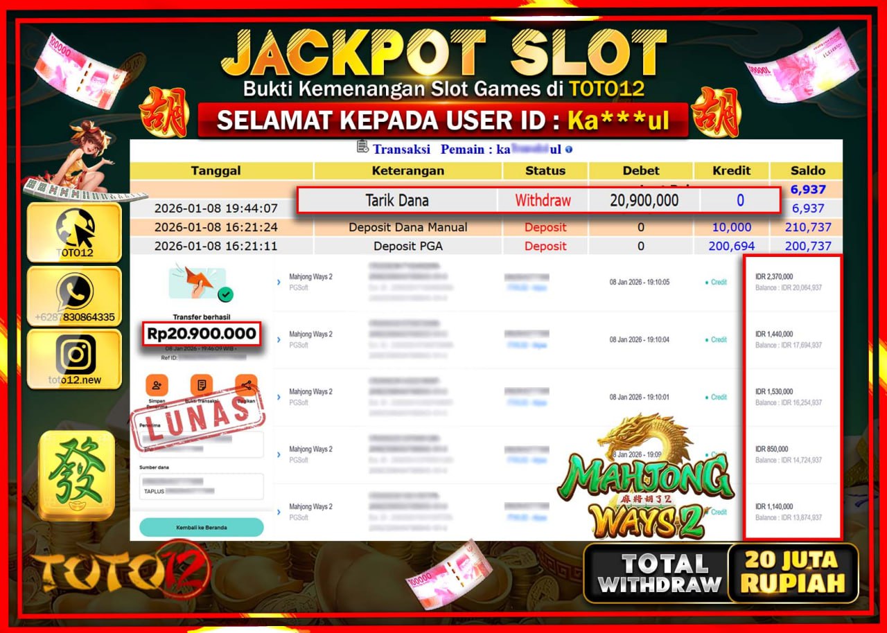HANYA DI TOTO12 JP PASTI DI BAYAR LUNAS DAN CEPAT!!!!!! JACKPOT SLOT GAME (MAHJONG WAYS 2) Rp.20.000.000 !!!!