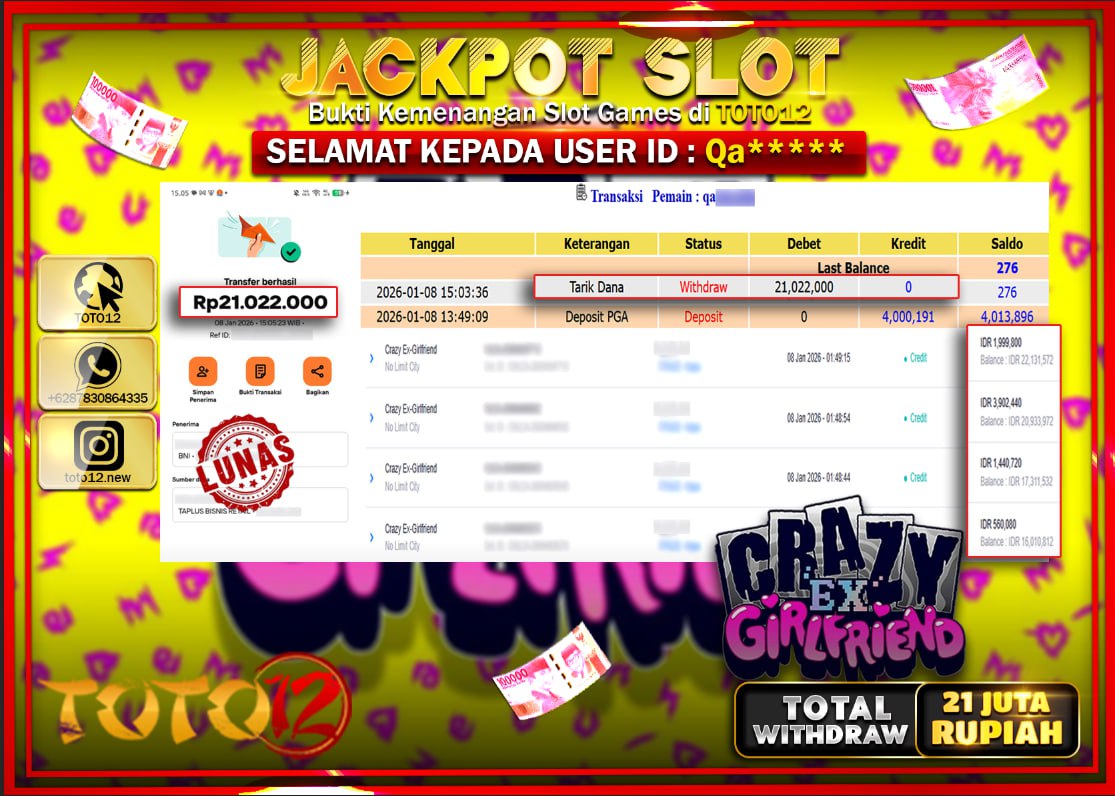 HANYA DI TOTO12 JP PASTI DI BAYAR LUNAS DAN CEPAT!!!!!! JACKPOT SLOT GAME (CRAZY EX GIRLFRIEND) Rp.21.000.000 !!!!