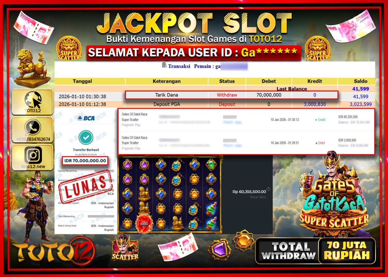HANYA DI TOTO12 JP PASTI DI BAYAR LUNAS DAN CEPAT!!!!!! JACKPOT SLOT GAME (GATES OF GATOT KACA SUPER SCATTER) Rp.70.000.000 !!!!
