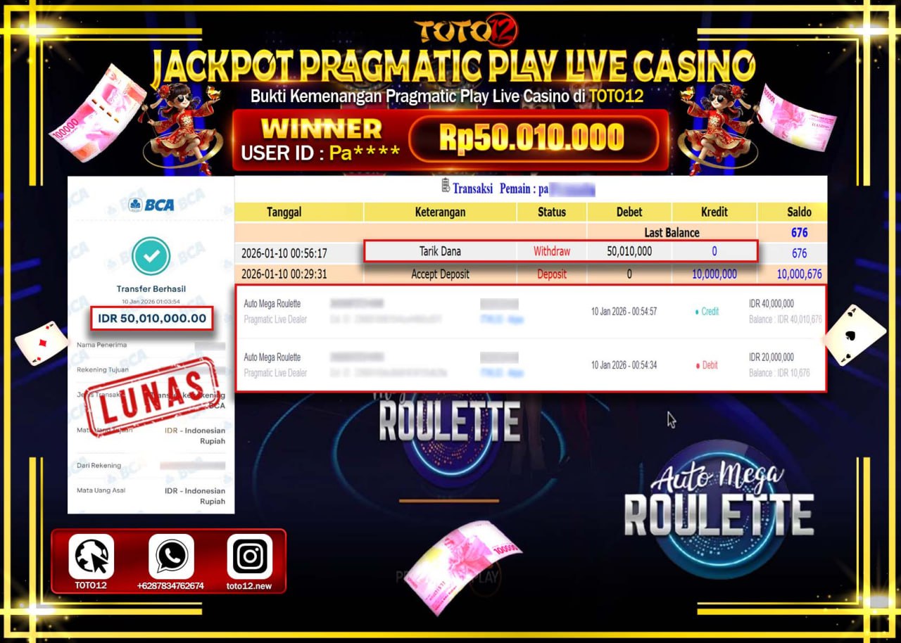 HANYA DI TOTO12 JP PASTI DI BAYAR LUNAS DAN CEPAT!!!!!! JACKPOT PRAGMATIC PLAY LIVE CASINO (AUTO MEGA ROULETTE) Rp.50.010.000 !!!!